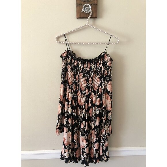 Altar'd State Womens Size Small Black Floral Mini Dress Off Shoulder Smocked - Picture 1 of 5